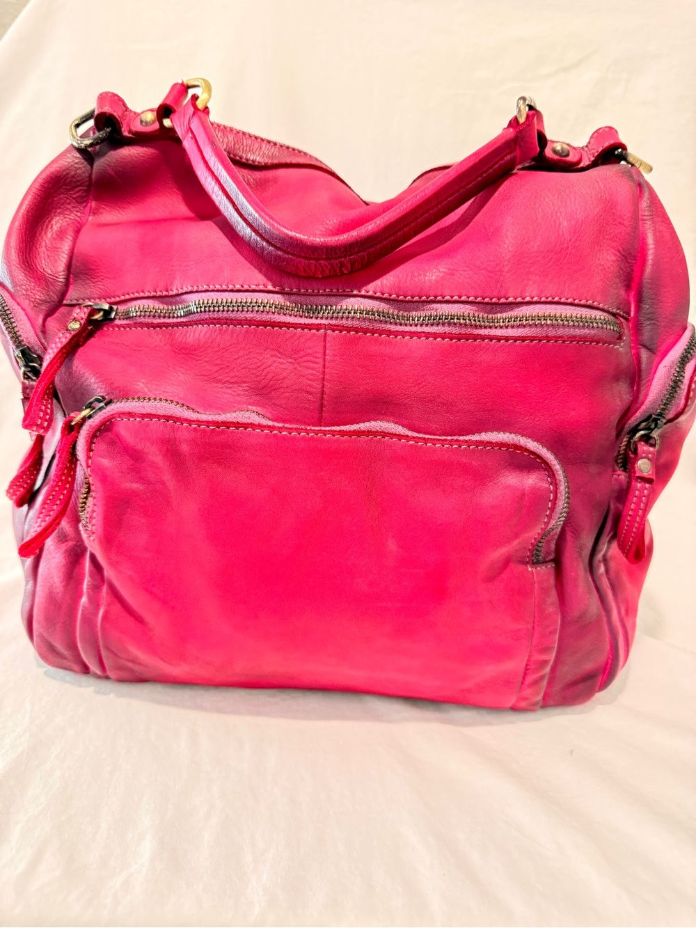 Vibrant Pink Leather Shoulder Bag with Front Zip Pocket